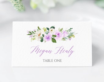 Lavender Seating Card, Purple Floral Place Card Editable Lilac Floral Name Card, Wedding Place Card Template Table Name Card Printable 519-A