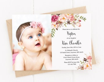 Printable Photo Boho Baptism Invite, Editable Floral Baptism Invitation Template, Girl Christening Invite, Naming Day Instant Download 308-W