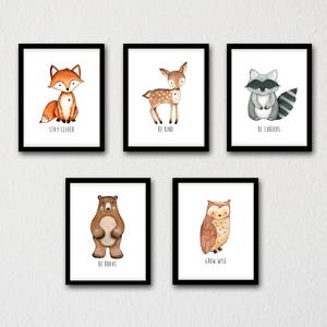 Woodland Animals Nursery Printable Art, Fox Deer Raccoon Owl Bear Wall Art, Kids Room Decor, Neutre, Aquarelle, Set de 5 Téléchargement instantané