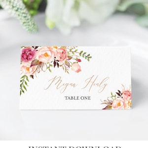 Rose Gold Boho Tischkarten bearbeitbare rosa Blumen Sitzplatzkarten, erröten Namenskarten, Hochzeit Tischkartenvorlage, Boho Namenskarte druckbar 516-A