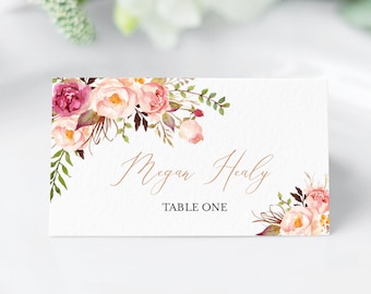 Rose Gold Boho Place Cards Editable Pink Floral Seating Cards, Blush Name Cards, Wedding Place Card Template, Boho Name Card Printable 516-A