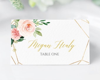 Pink Floral Seating Card, Blush Gold Geometric Editable Place Cards, Boho Name Card Wedding Place Card Template Seating Card Printable 503-A