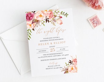 Rose Gold Editable Rehearsal Dinner Invitation, Pink Floral Boho Rehearsal Invite, DIY Template, Printable, Instant Download, Templett 516-A