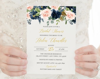 Navy Blush Gold Editable Bridal Shower Invitation, Navy Pink Floral Shower Invite DIY Template, Printable Instant Download Templett 521-A