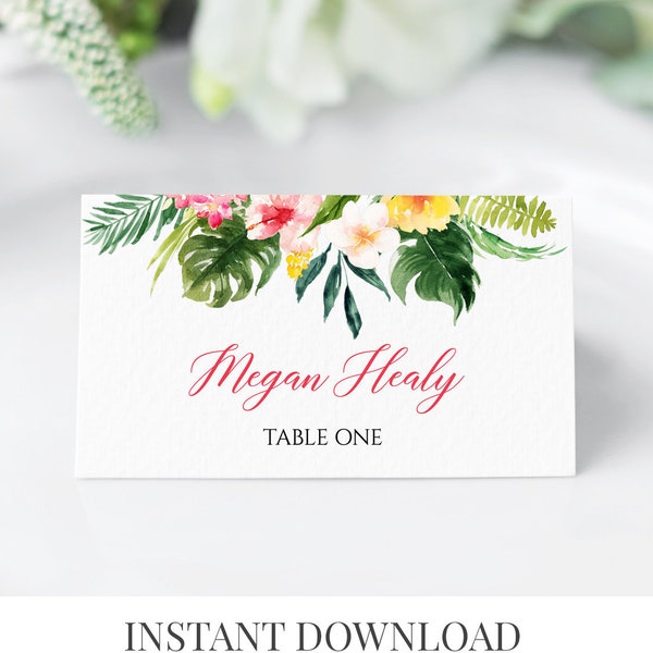 Tropical Floral Editable Place Card, Pink Hibiscus Seating Card Tropical Name Card Template, Tropical Wedding Place Card Beach Wedding 508-A