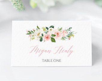Pink Floral Seating Card, Blush Greenery Name Card, Blush Floral Editable Place Cards, Wedding Place Card Template Name Card Printable 505-A