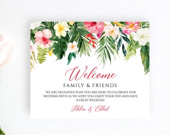 Tropical Floral Editable Welcome Bag Labels, Printable Hotel Bag Label Template, Hibiscus Welcome Box Label, Instant Download Templett 508-A