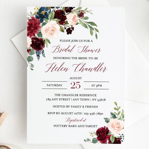 Burgundy Floral Bridal Shower Invitation Template Marsala Etsy