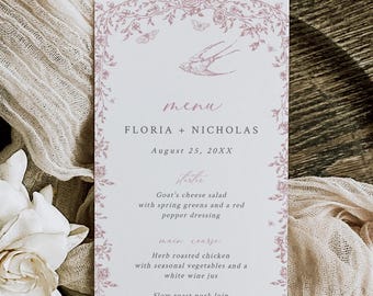Chinoiserie Wedding Menu Template, Victorian Table Menu, Dusty Pink Toile Menu, French Floral Menu Printable, Bridal Shower, Editable, 523-B