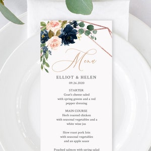 May include: A wedding menu card with a geometric design in rose gold and floral illustrations in shades of pink and blue. The text reads "Elliot & Helen 09.26.2020" and lists the menu items: Starter, Main Course, and Dessert.