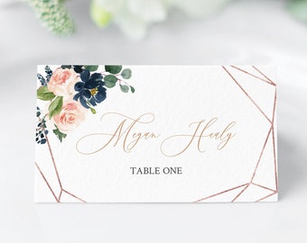 Rose Gold Geometric Seating Cards, Navy Blush Editable Place Cards, Pink Navy Floral Name Card Wedding Place Card Template Printable, 529-A