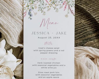 Wildflower Menu Template, Boho Table Menu, Dusty Pink Floral Wedding Menu, Summer Wedding Menu Printable, Bridal Shower, Editable, 522-A