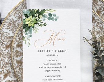 Greenery Rose Gold Editable Menu, Botanical Table Wedding Menu, Printable Eucalyptus Foliage Menu, DIY Template, Instant Download 528-A