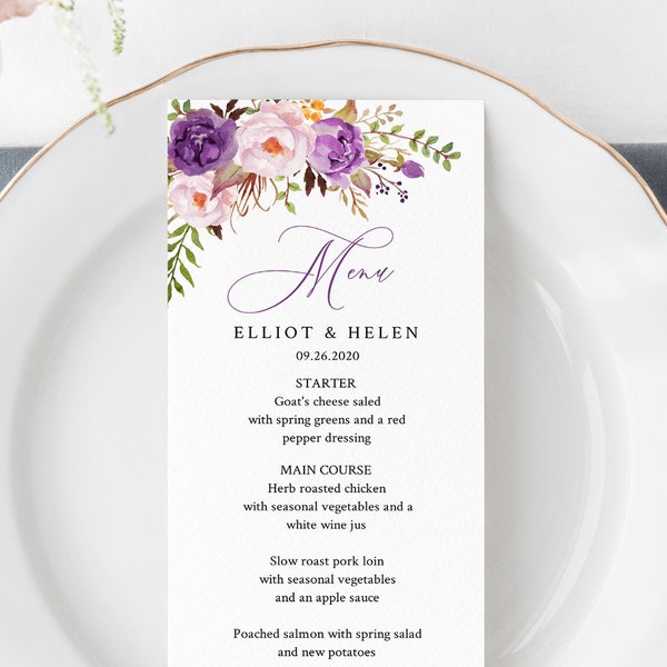 Purple Boho Editable Menu, Lavender Lilac Floral Table Wedding Menu, Printable Violet Peonies Menu, DIY Template, Instant Download 530-A