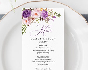 Purple Boho Editable Menu, Lavender Lilac Floral Table Wedding Menu, Printable Violet Peonies Menu, DIY Template, Instant Download 530-A