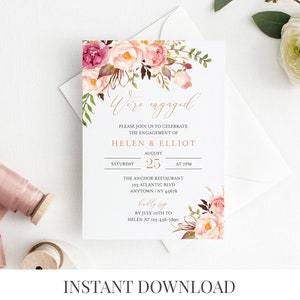 Rose Gold Boho Floral Editable Engagement Party Invitation, Pink Blush Engagement Invite DIY Template, Boho, Instant Download Templett 516-A