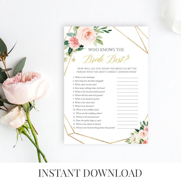 Blush Gold Geometric Editable Who Knows the Bride Best, Floral Printable How Well do you know the Bride, Template, Instant Download 503-A