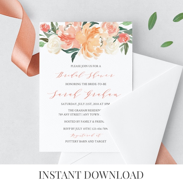 Coral Blush Editable Bridal Shower Invitation, Floral Shower Invite DIY Template, Pink Blush Boho Invite, Instant Download, Templett 501-A