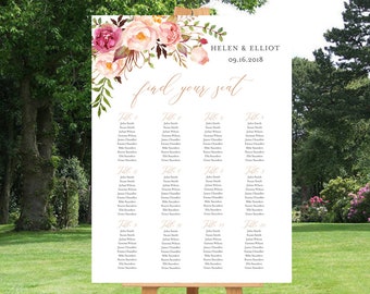 Rose Gold Floral Editable Table Plan, Pink Floral Boho Printable Seating Chart, 18 x 24 24 x 36, Template, Instant Download, Templett, 516-A