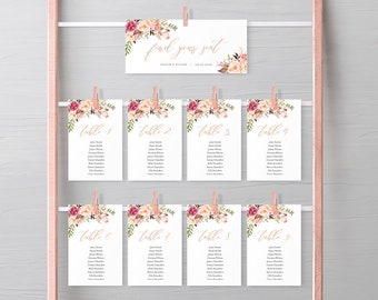 Rose Gold Boho Editable Seating Chart Template, Pink Floral Hanging Table Cards, Blush Table Seating Plan, Instant Download, Templett, 516-A