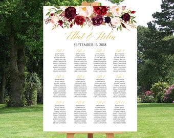 Marsala Gold Floral Editable Table Plan, Printable Burgundy Seating Chart Plan, 18 x 24 24 x 36, Template, Instant Download, Templett, 512-A