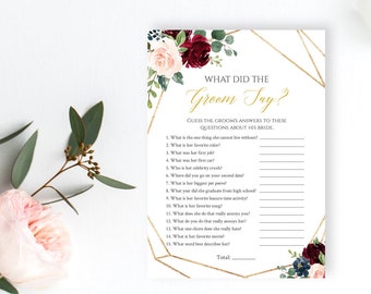 Burgundy Gold Geometric Editable What Did the Groom Say Game, Navy Gold Printable Bridal Shower Game, DIY Template, Instant Download, 518-A