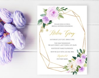 Editable Lavender Gold Geometric Bridal Shower Invitation, Lilac Floral Shower Invite, Template, Printable, Instant Download, Templett 511-A