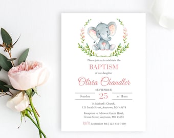 Pink Elephant Baptism Editable Invite, Printable Invitation Template, Pink Girl Christening Invitation, Naming Day, Instant Download 305-P