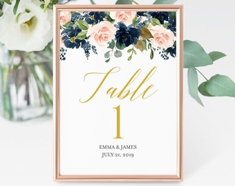 Navy Blush Gold Floral Editable Table Numbers, Printable Table Numbers, Pink Gold Table Number DIY Template Instant Download Templett 521-A