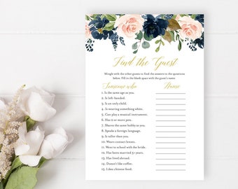 Navy Blush Gold Floral Editable Find the Guest Game, Pink Navy Floral Printable Bridal Shower Find Guest DIY Template Instant Download 521-A