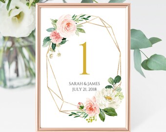Blush Gold Geometric Editable Table Numbers, Printable Table Numbers, Pink Gold Table Number DIY Template Instant Download Templett 503-A