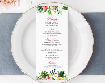 Tropical Editable Menu, Pink Green Tropical Floral Table Wedding Menu, Printable Menu, Template Calligraphy Instant Download Templett 508-A