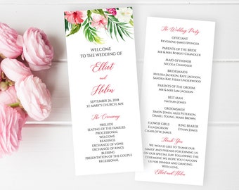 Tropical Editable Program, Pink Floral Wedding Program, Hibiscus Printable Program, Pink Green DIY Template Instant Download Templett 508-A