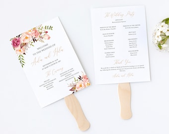 Rose Gold Floral Editable Fan Program, Blush Pink Floral Wedding Program, Printable Fan Program DIY Template Instant Download Templett 516-A