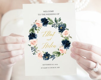 Blush Navy Gold Booklet Program, Foldable Wedding Program, Floral Wreath Editable Printable Program, DIY Template, Instant Download 521-A