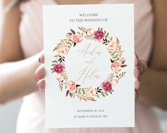 Rose Gold Booklet Program, Pink Foldable Wedding Program, Pink Floral Wreath Editable Printable Program, DIY Template Instant Download 516-A