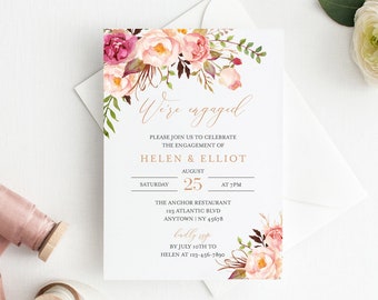 Rose Gold Boho Floral Editable Engagement Party Invitation, Pink Blush Engagement Invite DIY Template, Boho, Instant Download Templett 516-A