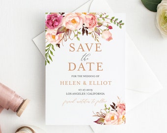 Rose Gold Floral Editable Save the Date, Floral Printable Save the Date DIY Template, Pink Boho Save Date Instant Download, Templett 516-A