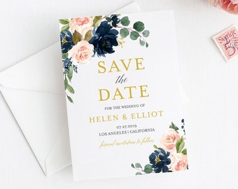 Navy Blush Floral Editable Save the Date, Floral Printable Save the Date DIY Template, Gold Boho Save Date Instant Download, Templett 521-A