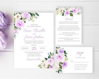 Purple Floral Editable Wedding Invitation Suite, Floral RSVP Details Printable Template, Lavender Boho, Instant Download, Templett 519-A