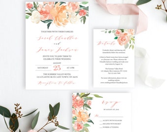 Peach Sage Wedding Invite Suite, Wedding Invitation Template, Editable Wedding Invite Coral, Summer Wedding Invite Bundle Printable, 501-A