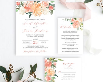 Peach Sage Wedding Invite Suite, Wedding Invitation Template, Editable Wedding Invite Coral, Summer Wedding Invite Bundle Printable, 501-A