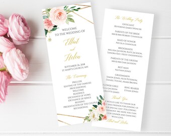 Blush Gold Geometric Editable Program, Pink Floral Wedding Program, Blush Printable Program, DIY Template, Instant Download Templett 503-A