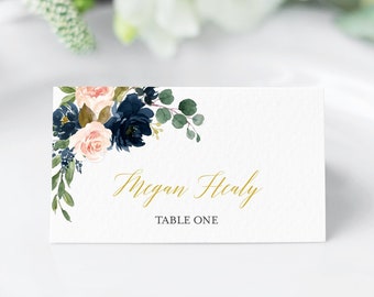 Navy Floral Seating Cards, Wedding Name Cards, Navy Blush Editable Place Cards, Wedding Place Card Template Seating Card Printable, 521-A