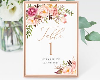 Rose Gold Editable Table Numbers, Floral Table Numbers, Pink Blush Boho Floral Table Number DIY Template, Instant Download, Templett, 516-A