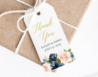 Navy Blush Floral Editable Tags, Printable Floral Favor Tags, Gold Boho Floral Gift Tags, DIY Template, Instant Download, Templett, 521-A