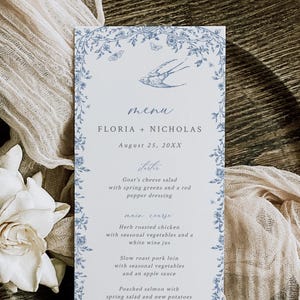Modèle de menu de mariage Chinoiserie bleu poussiéreux, menu toile, menu de table victorien, menu floral Français imprimable, douche nuptiale, modifiable, 523-A