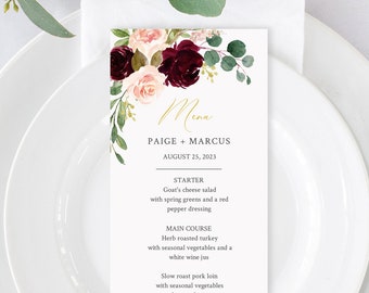 Editable Burgundy Blush Floral Menu, Floral Pink Gold Table Wedding Menu, Printable Rose Menu DIY Template, Templett Instant Download 574-A