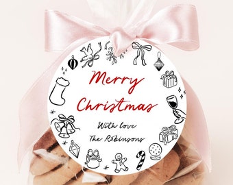 Printable Doodle Holiday Labels, Hand Drawn Round Christmas Gift Tags Quirky Round Tag, Editable Holiday Sticker Label, Hand Written 222-A