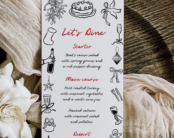 Doodles Christmas Lunch Menu, Hand Drawn Christmas Party Menu Hand Written Holiday Table Menu Template, Printable Xmas Buffet Editable 222-A